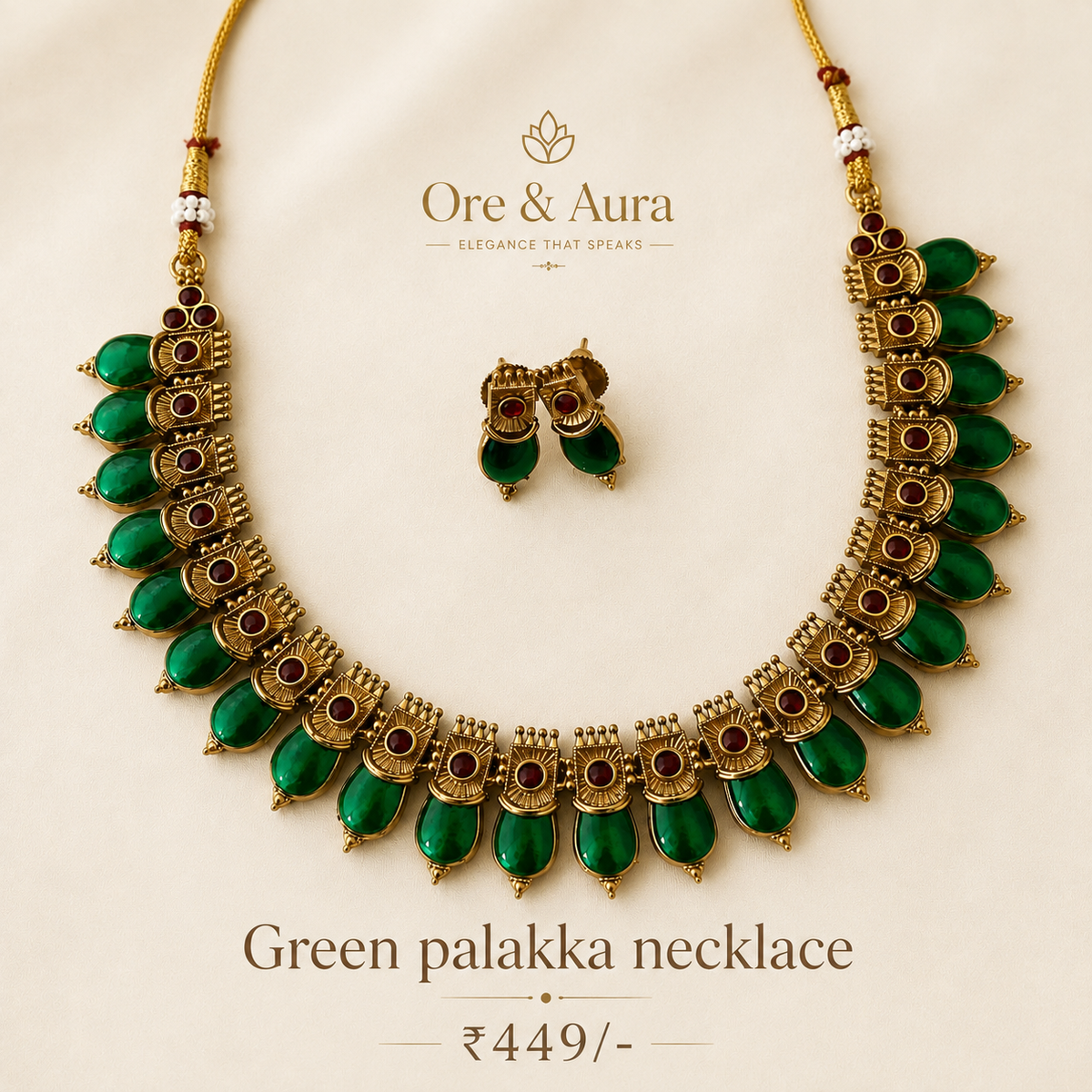 Green Palakka Necklace with matching earrings by Ore & Aura