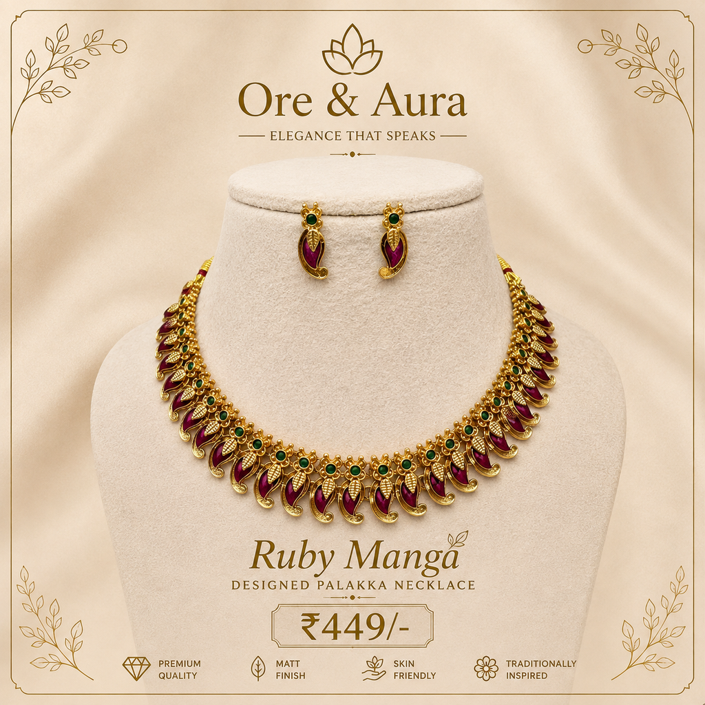 Ruby Manga Designed Palakka Necklace with matching earrings by Ore & Aura