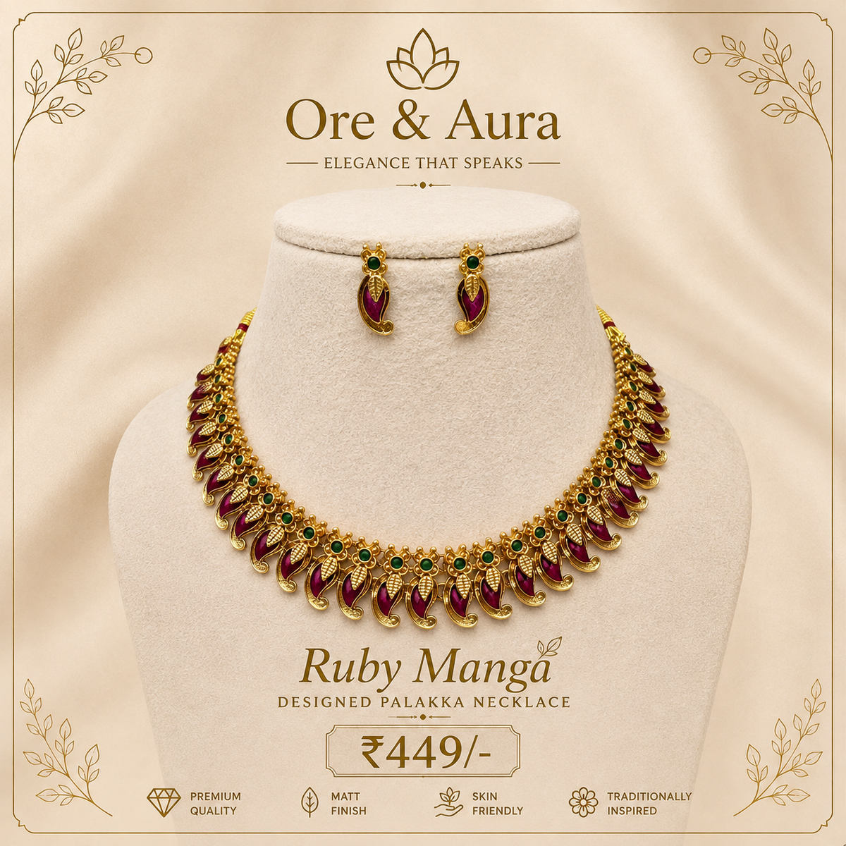 Ruby Manga Designed Palakka Necklace with matching earrings by Ore & Aura