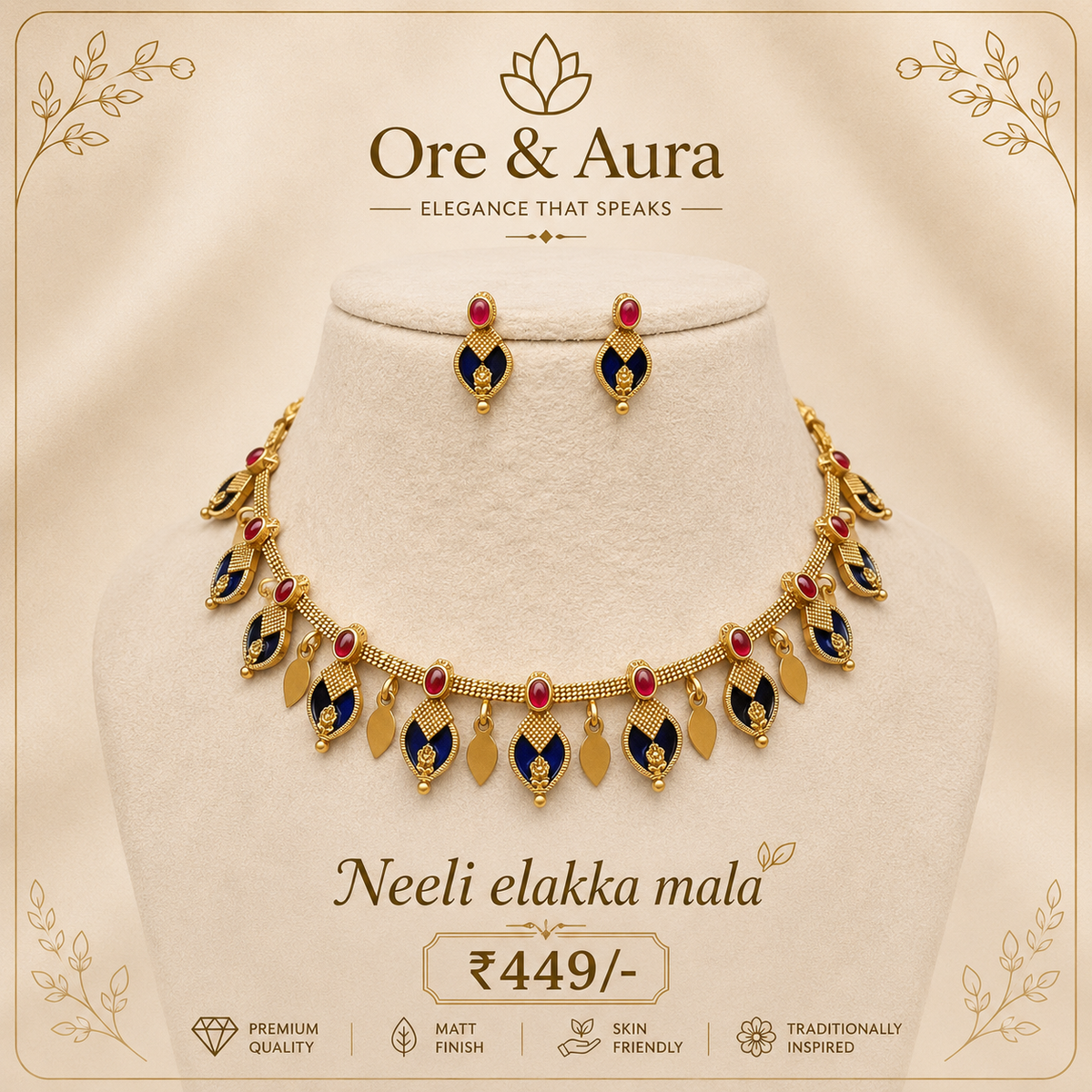 Neeli Elakka Thaali Navi Blue with elegant leaf motifs by Ore & Aura