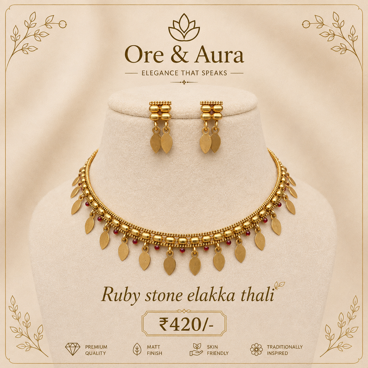 Ruby Stone Elakka Thaali with matching earrings by Ore & Aura