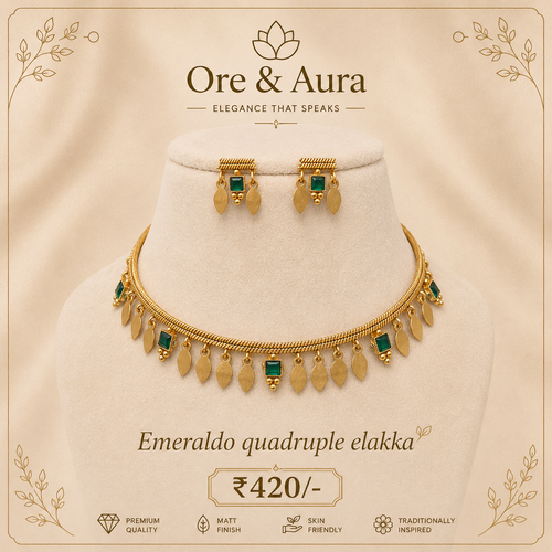 Emeraldo Quadruple Elakka necklace with matching earrings by Ore & Aura