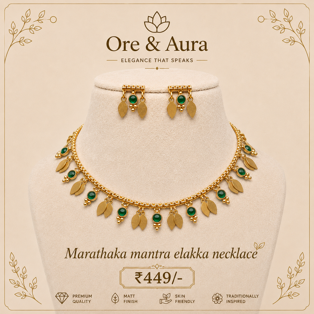 Marathaka Mantra Elakka Necklace with matching earrings by Ore & Aura