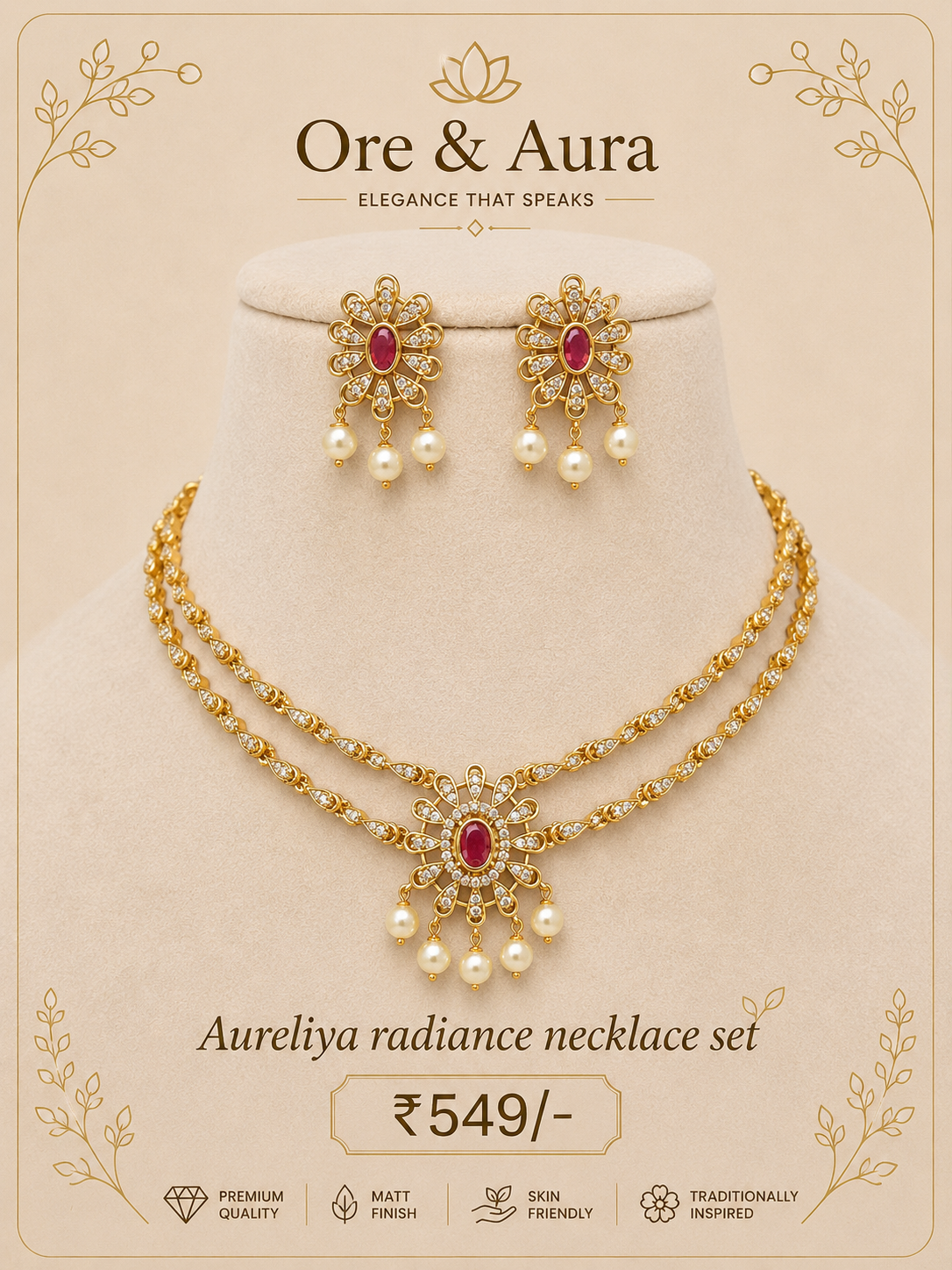 Aureliya Radiance Necklace Set with matching earrings by Ore & Aura