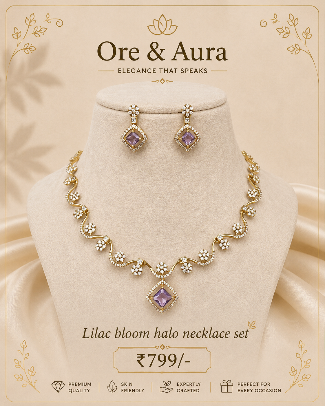 Lilac Bloom Halo Necklace Set with matching earrings by Ore & Aura
