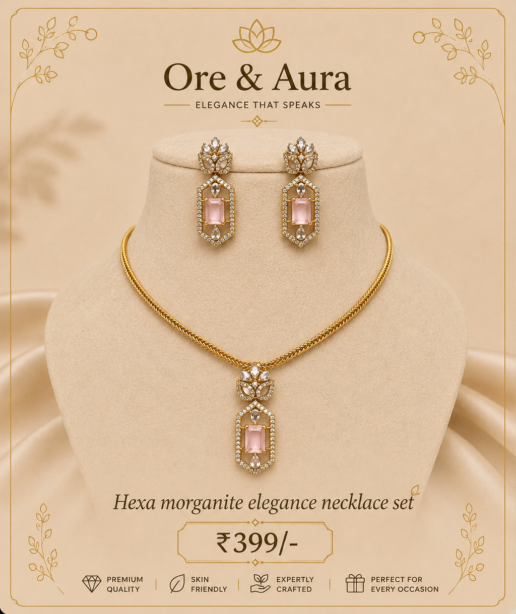 Hexa Morganite Elegance Necklace Set with matching earrings by Ore & Aura