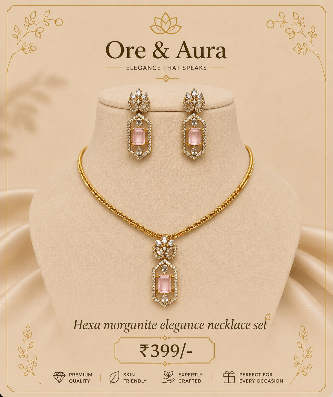 Hexa Morganite Elegance Necklace Set with matching earrings by Ore & Aura