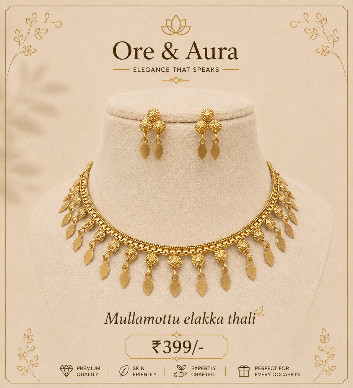 Mullamottu Elakka Thaali with matching earrings by Ore & Aura