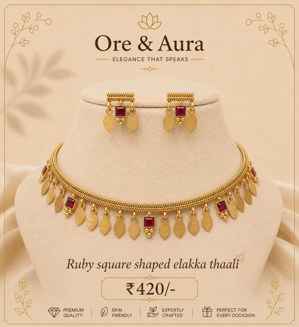 Ruby Square Shaped Elakka Thaali with matching earrings by Ore & Aura