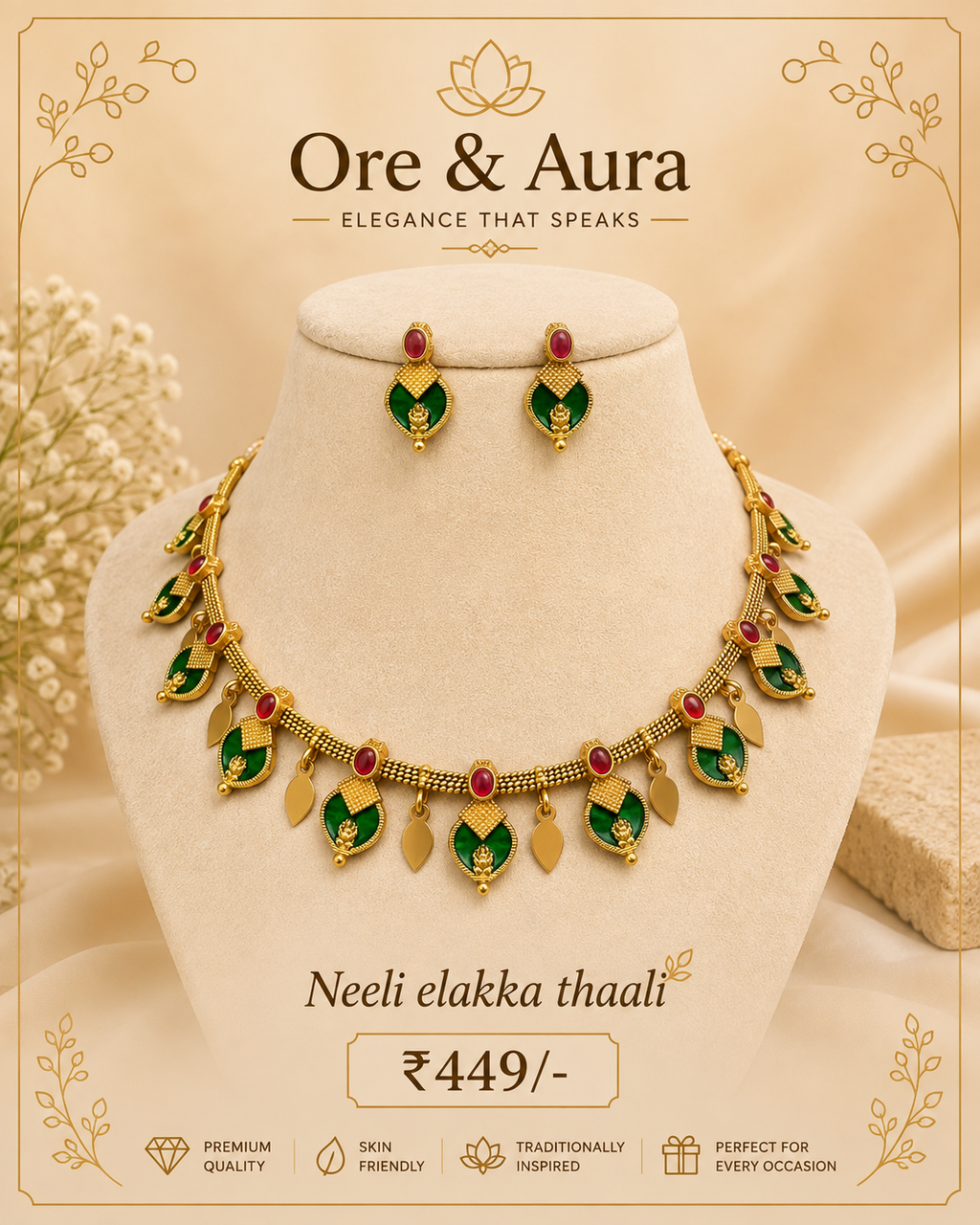 Neeli Elakka Thaali Green and Magenta with matching earrings by Ore & Aura