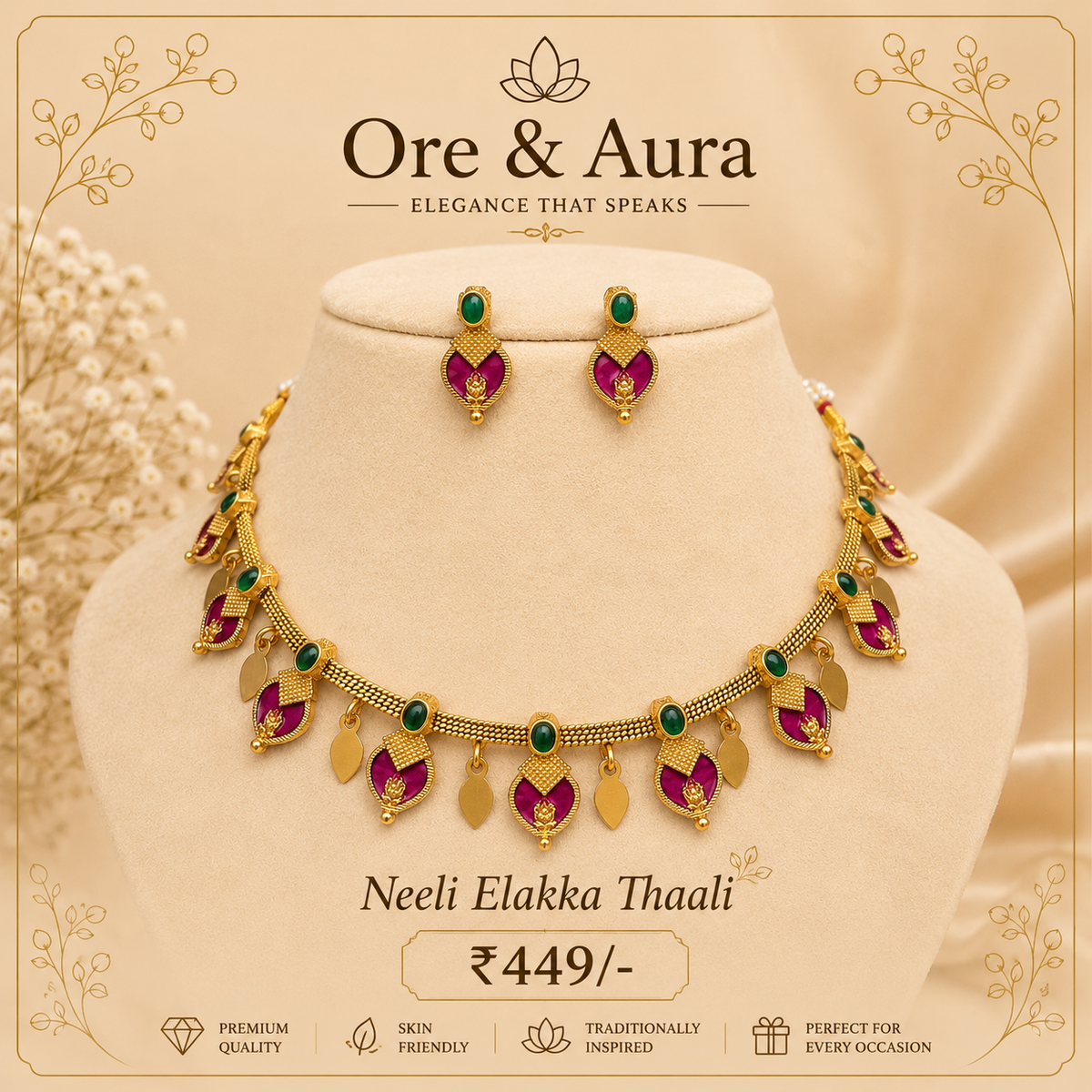 Neeli Elakka Thaali Magenta with matching earrings by Ore & Aura