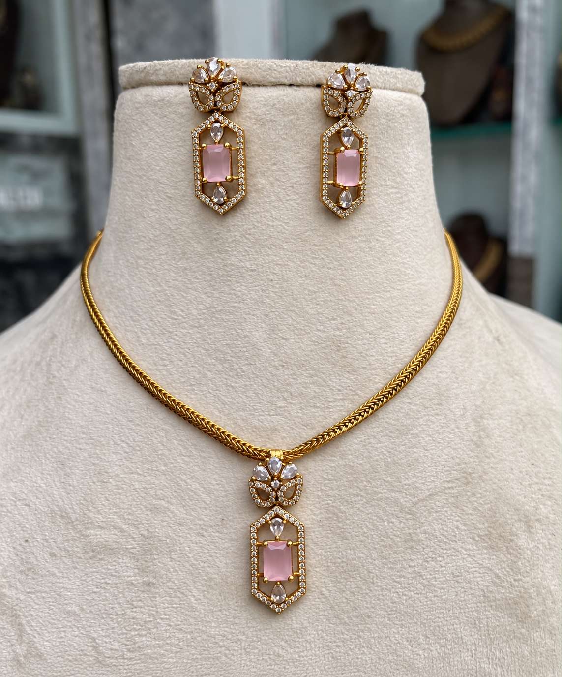 Hexa Morganite Elegance Necklace Set with matching earrings by Ore & Aura