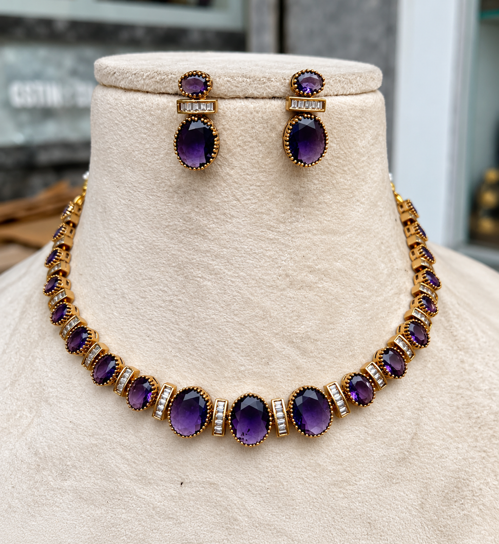 Purple Ratnamizhi Necklace Set with matching earrings