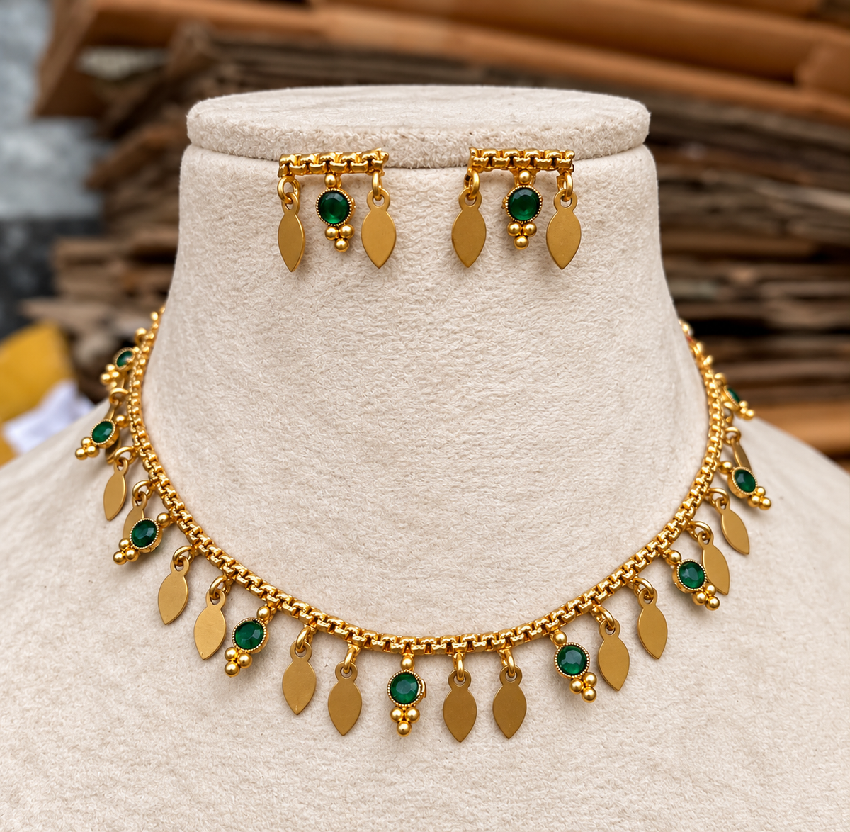 Marathaka Mantra Elakka Necklace with matching earrings by Ore & Aura