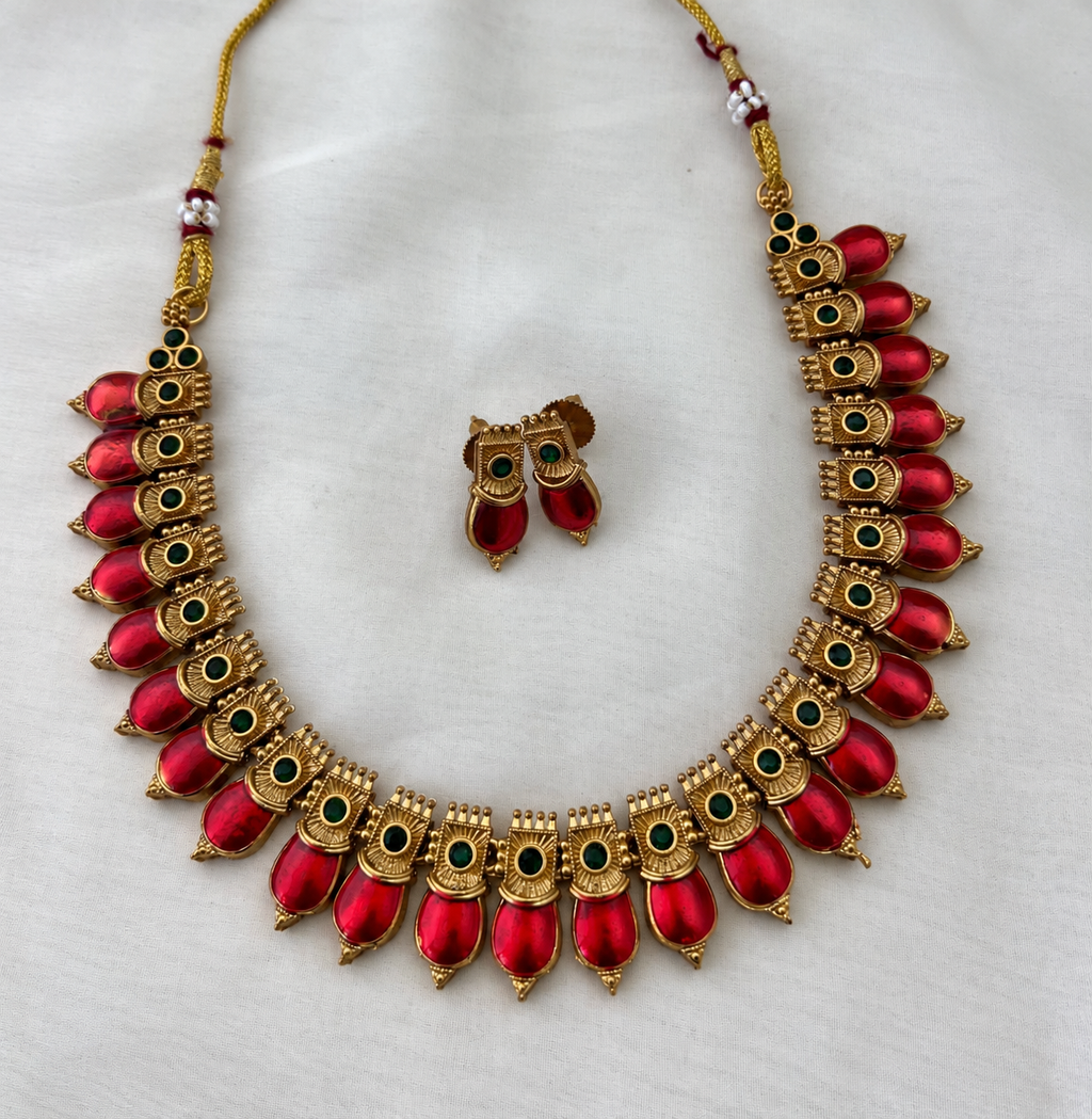 Red Palakka Necklace with matching earrings by Ore & Aura