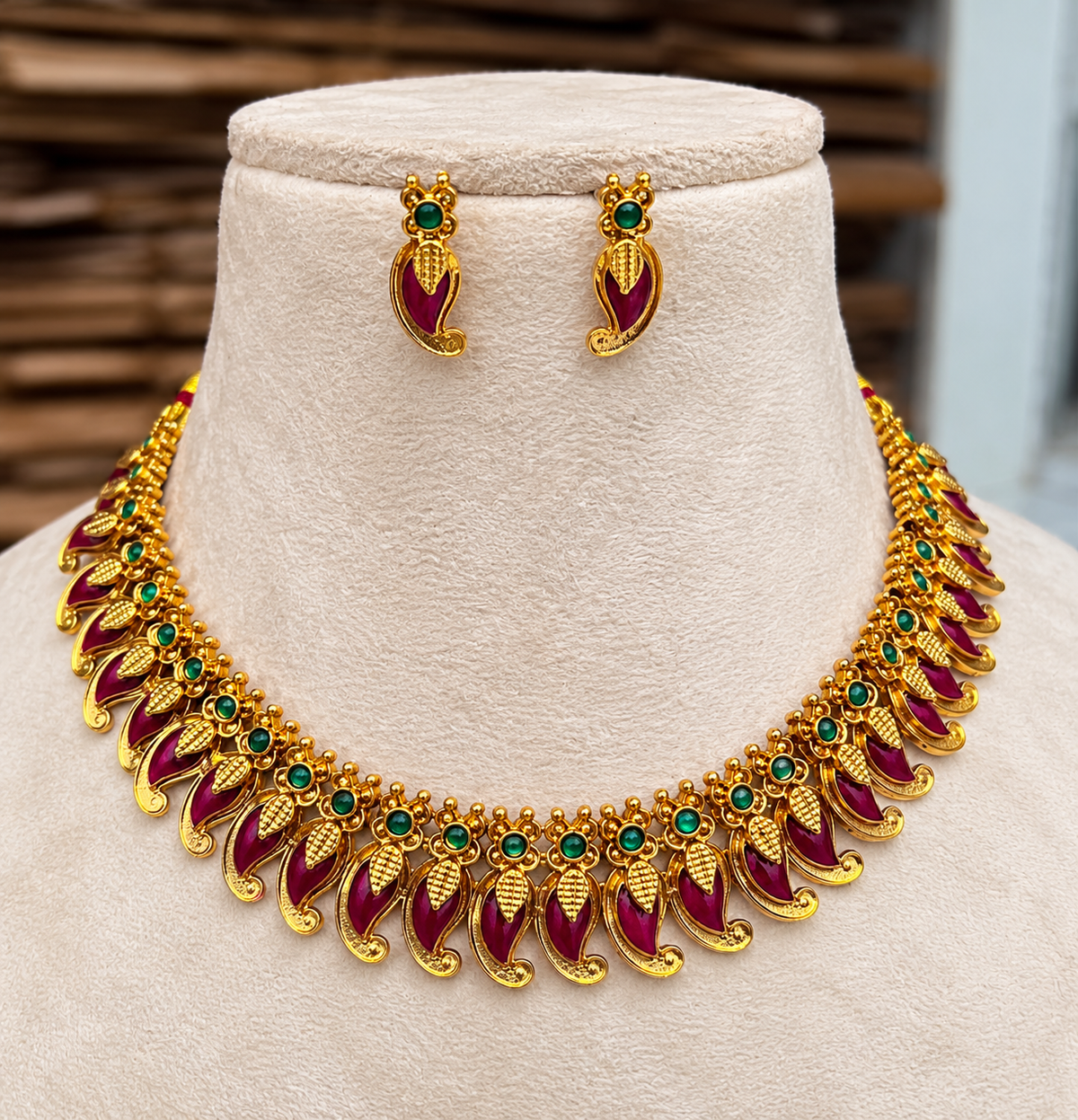 Ruby Manga Designed Palakka Necklace with matching earrings by Ore & Aura