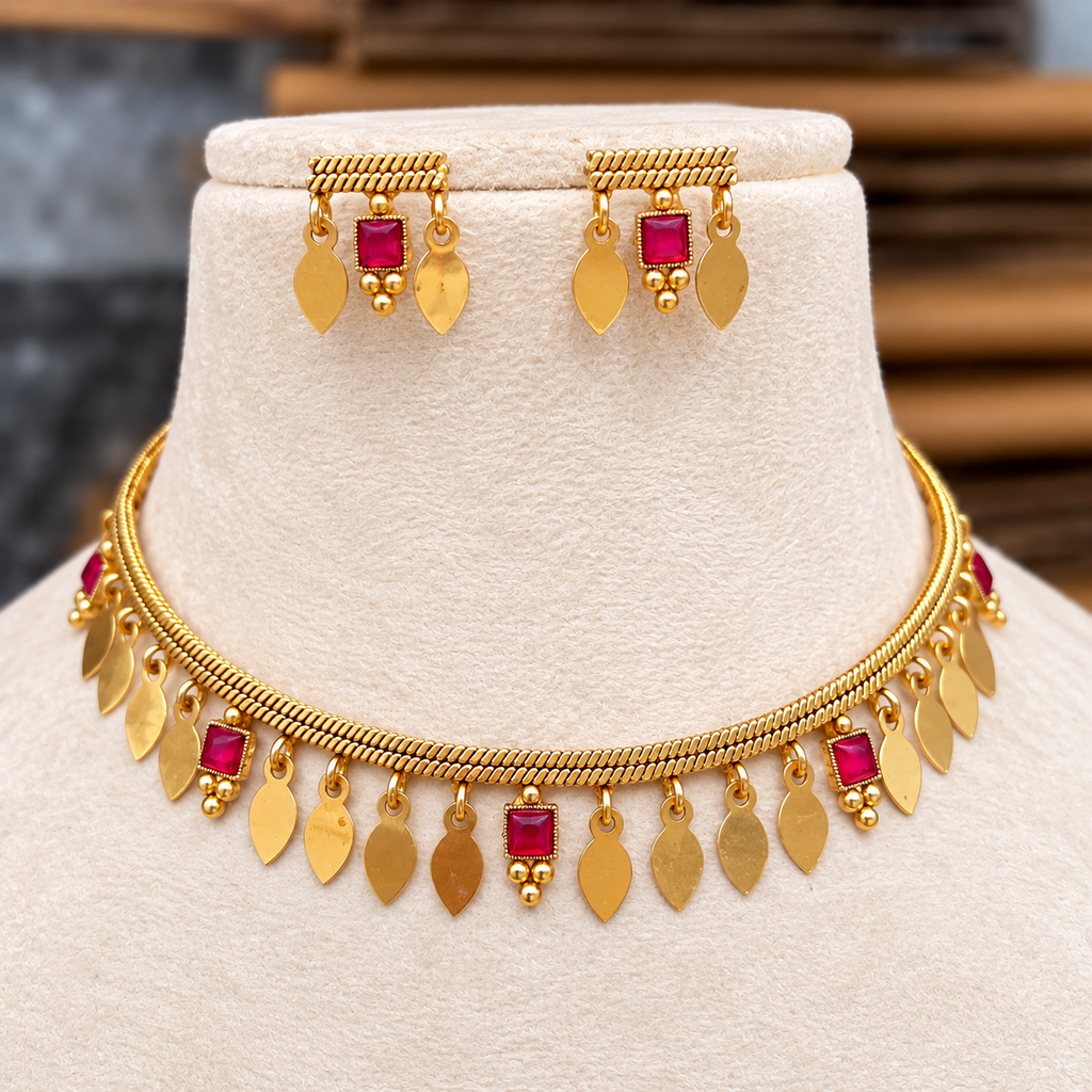 Ruby Square Shaped Elakka Thaali with matching earrings by Ore & Aura