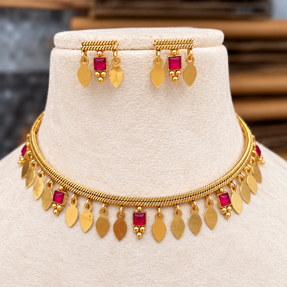 Ruby Square Shaped Elakka Thaali with matching earrings by Ore & Aura
