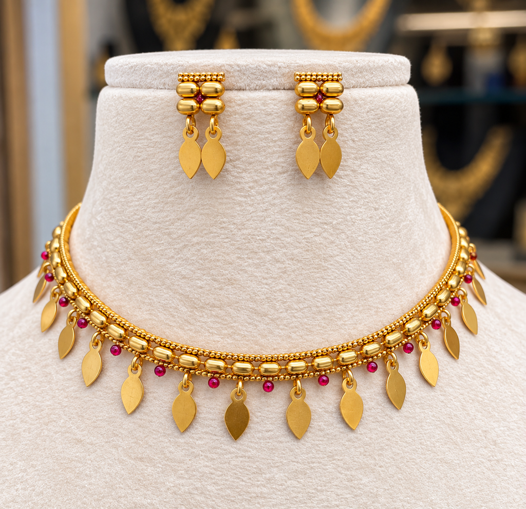 Ruby Stone Elakka Thaali with matching earrings by Ore & Aura