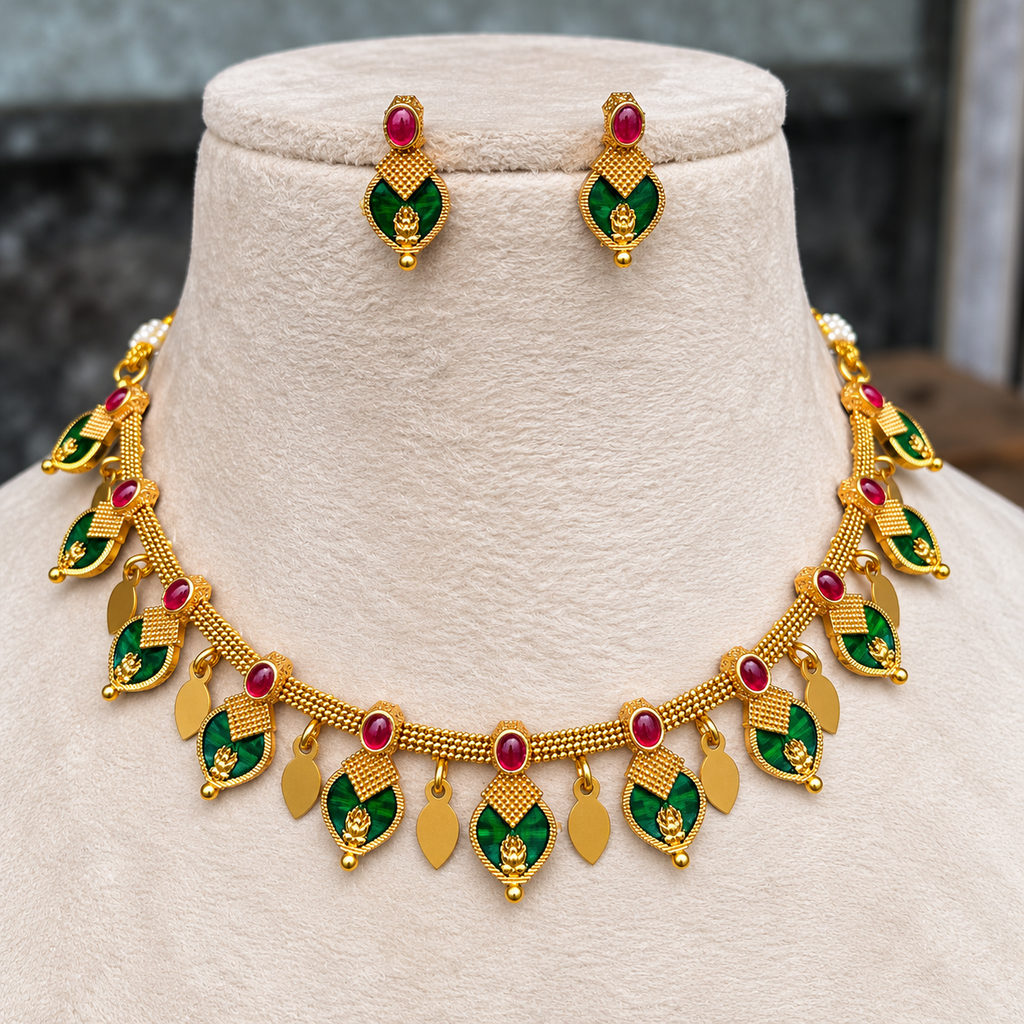 Neeli Elakka Thaali Green and Magenta with matching earrings by Ore & Aura