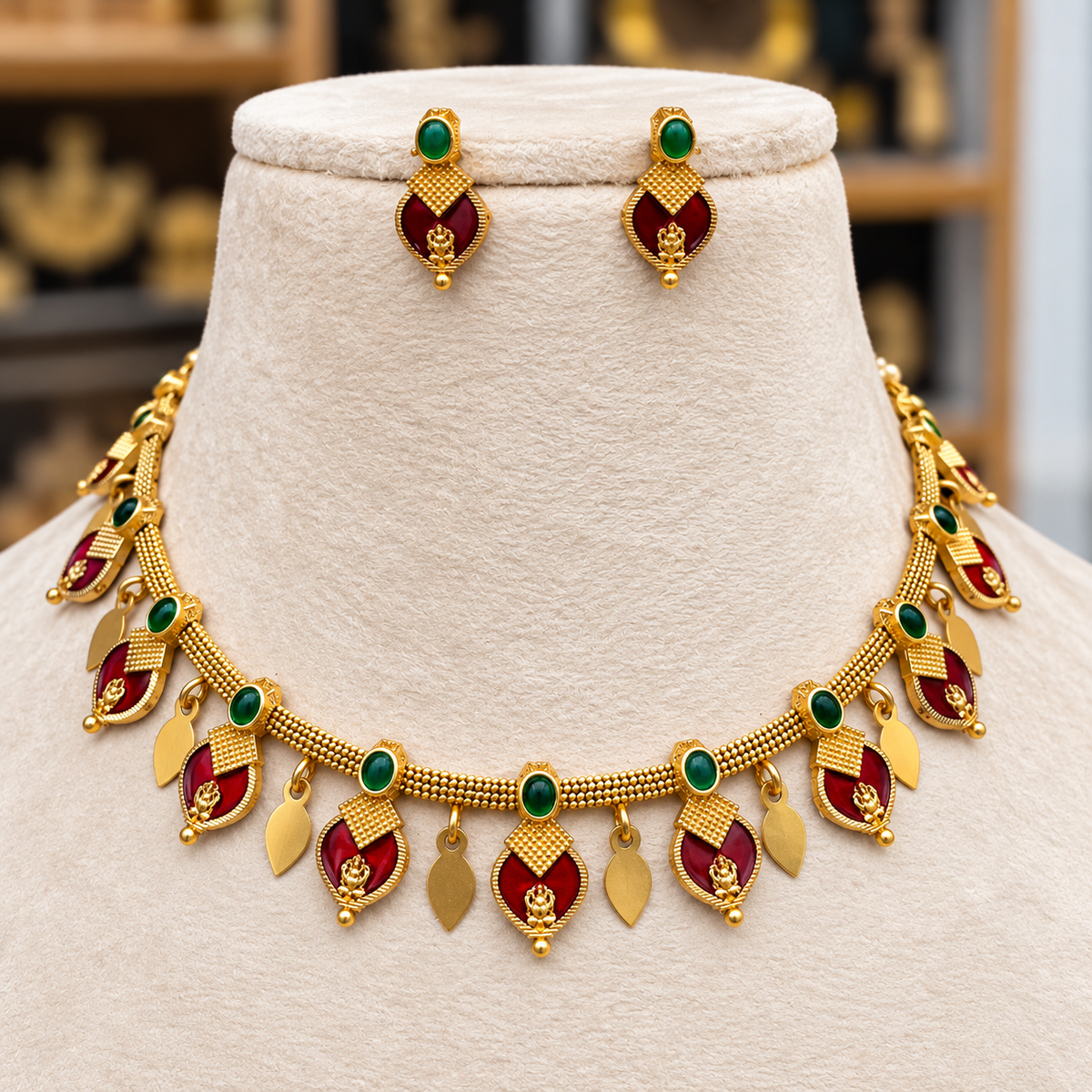 Neeli Elakka Thaali Set Red and Green with matching earrings by Ore & Aura